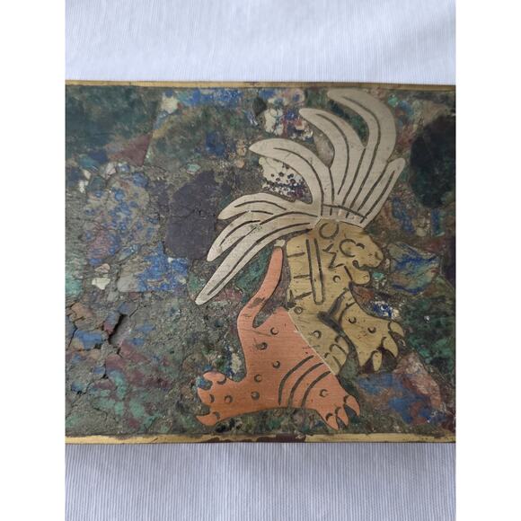 VTG Tribal Mexican Trinket Box Mixed Metal & Semi-Precious Stone Mosaic Hinged - Picture 5 of 9